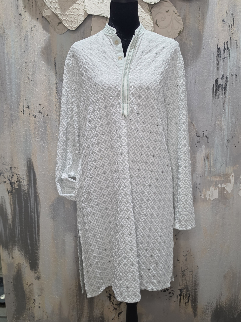 Melange Mint Green And White Textured Long-Sleeve Tunic Dress With Sparkle